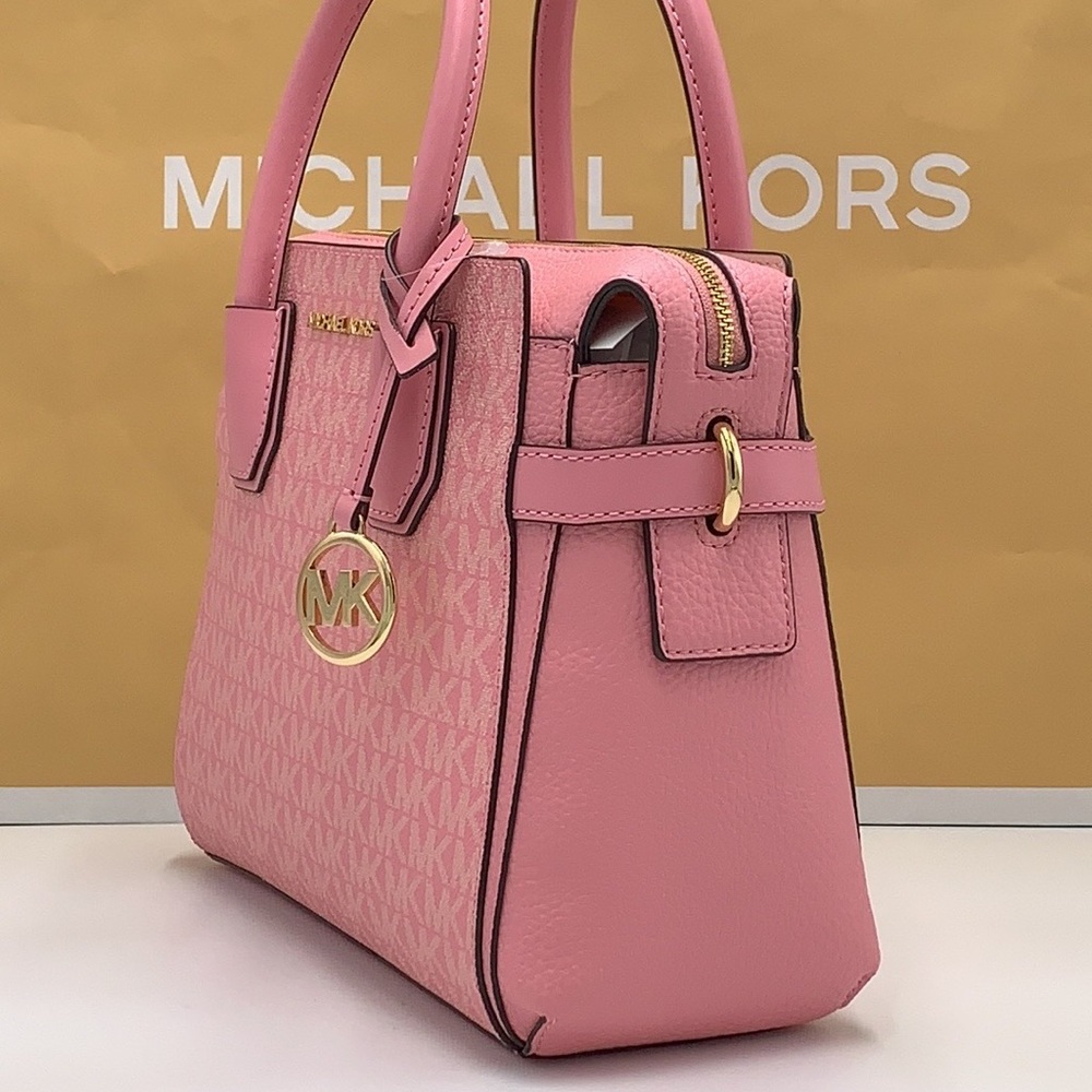 MICHAEL KORS Mercer Sm TZip Logo Leather Belted Satchel Crossbody Carnation - Picture 2 of 16
